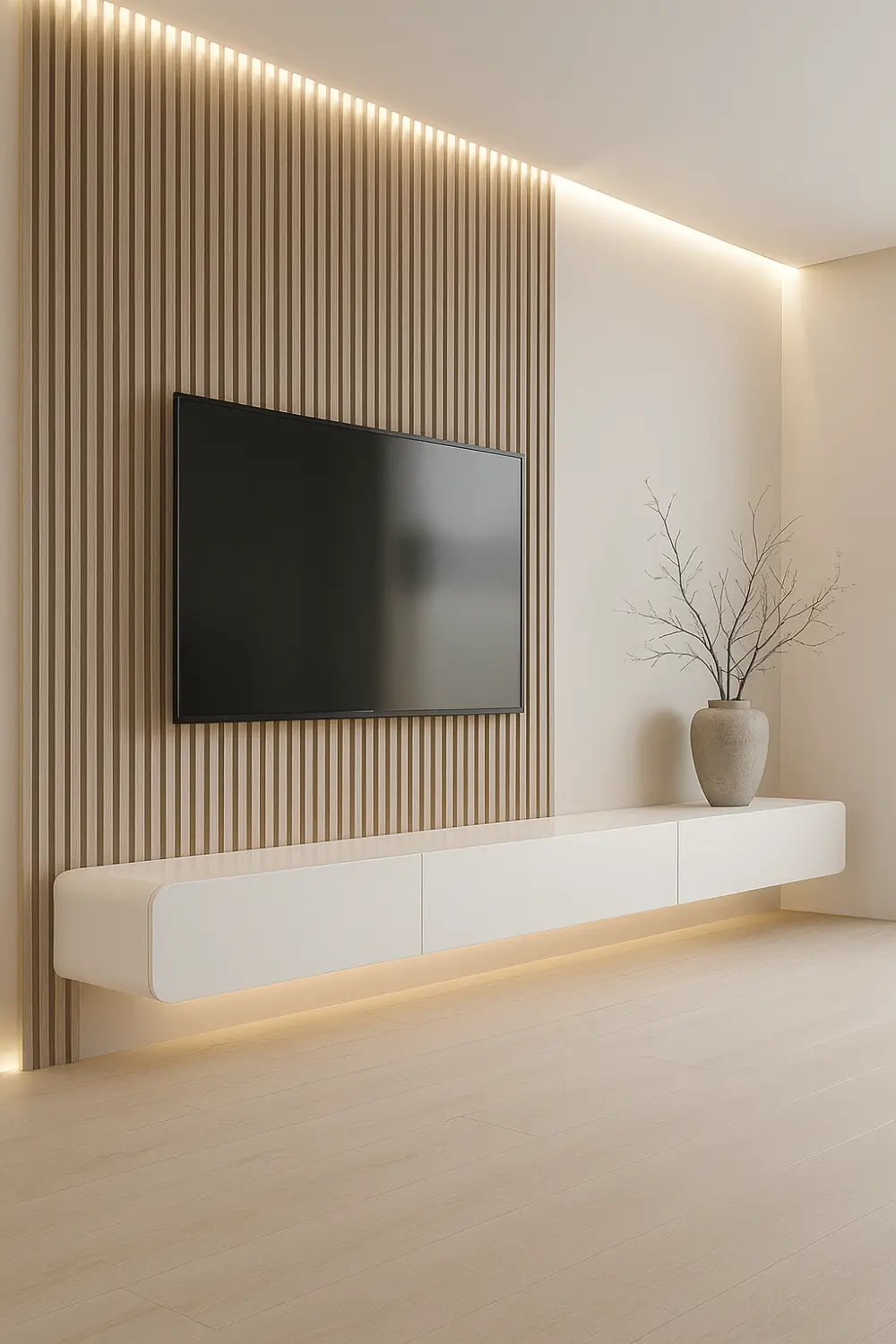 Modern Walnut Wood Slat Accent Wall for TV | Stylish Media Wall Design