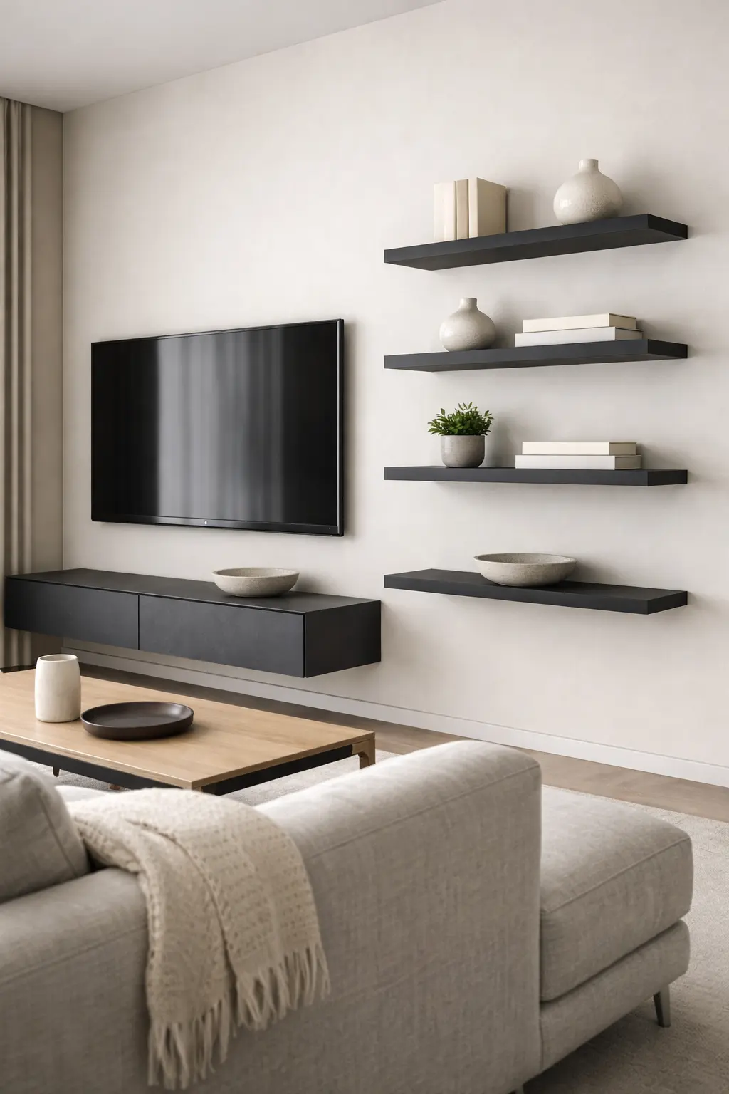 Floating Shelves Around TV for Minimalist Living Room Style