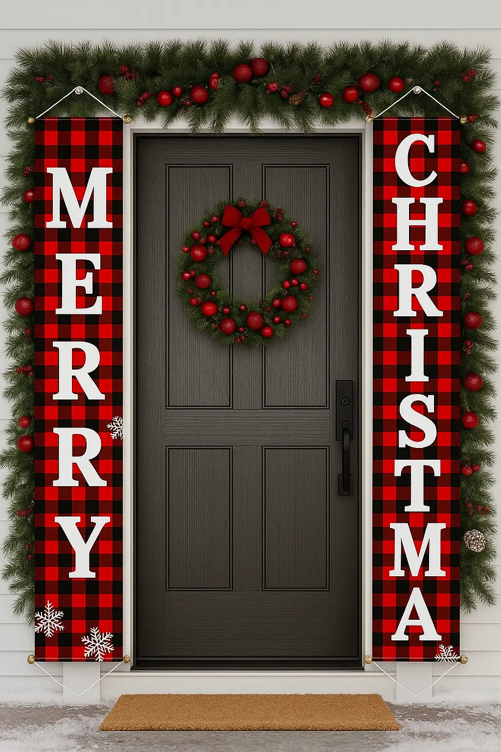 Christmas entrance decor ideas with wreaths and lights