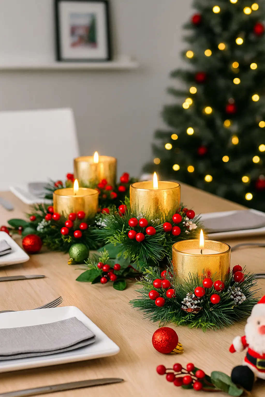 Gold Christmas Candle Rings | Red Berry & Pinecone Holiday Table Décor