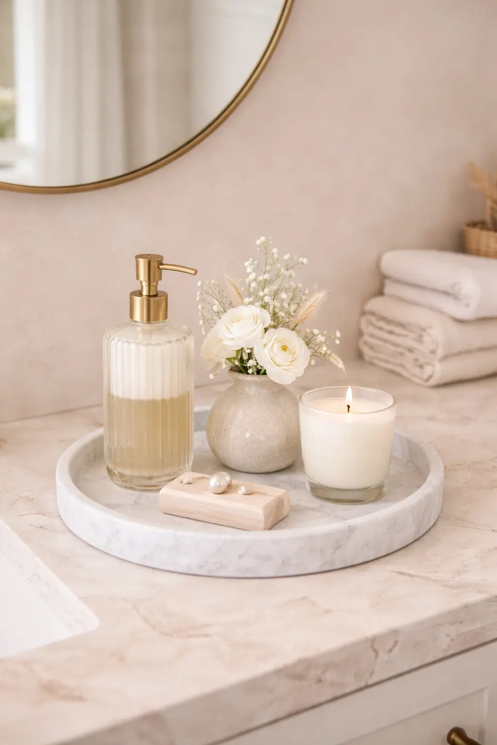 High-End Bathroom Counter Styling | Single Grounded Focal Point