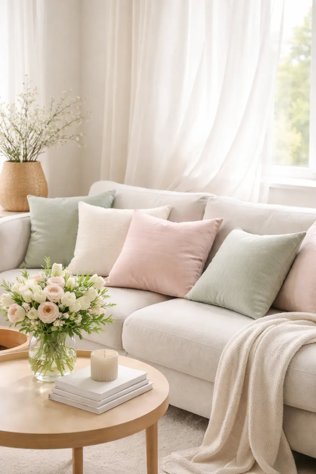 Neutral Spring Living Room Decor with Soft Pastel Accents