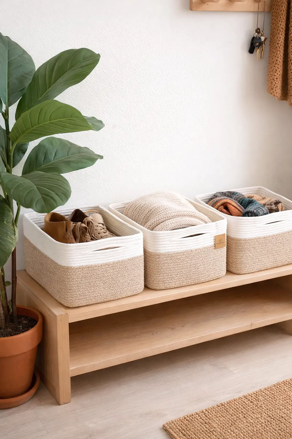 Natural Entryway Storage Ideas with Woven Baskets