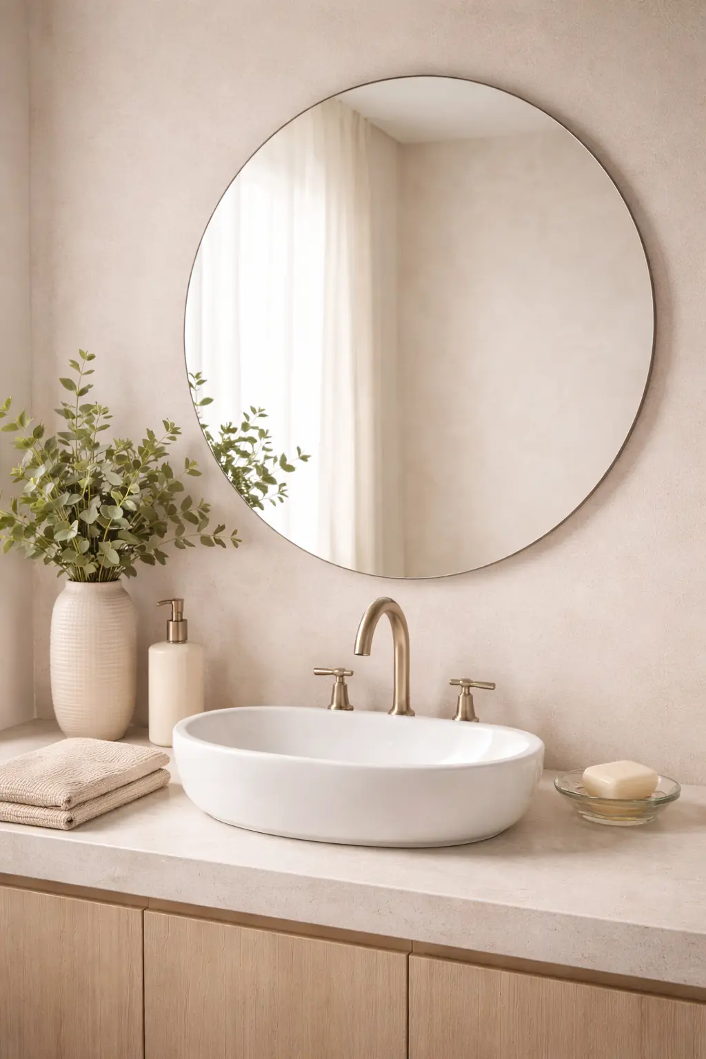 Frameless Round Mirror: Minimalist Bathroom Elegance