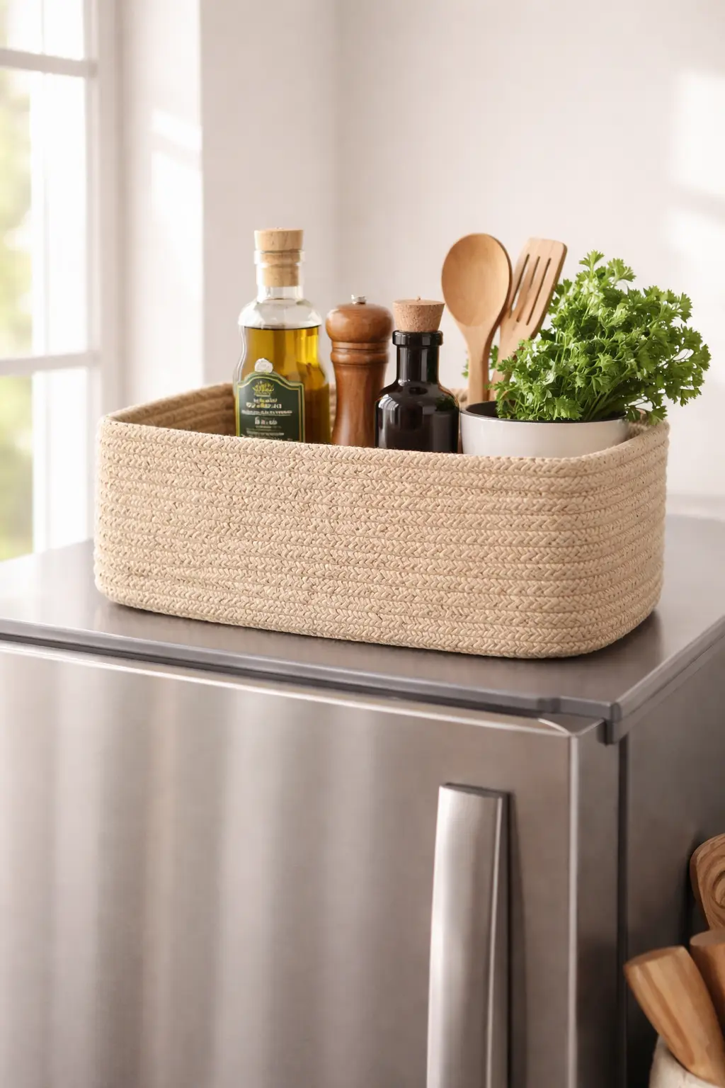 Small Woven Basket for Fridge Top Storage – Stylish & Functional
