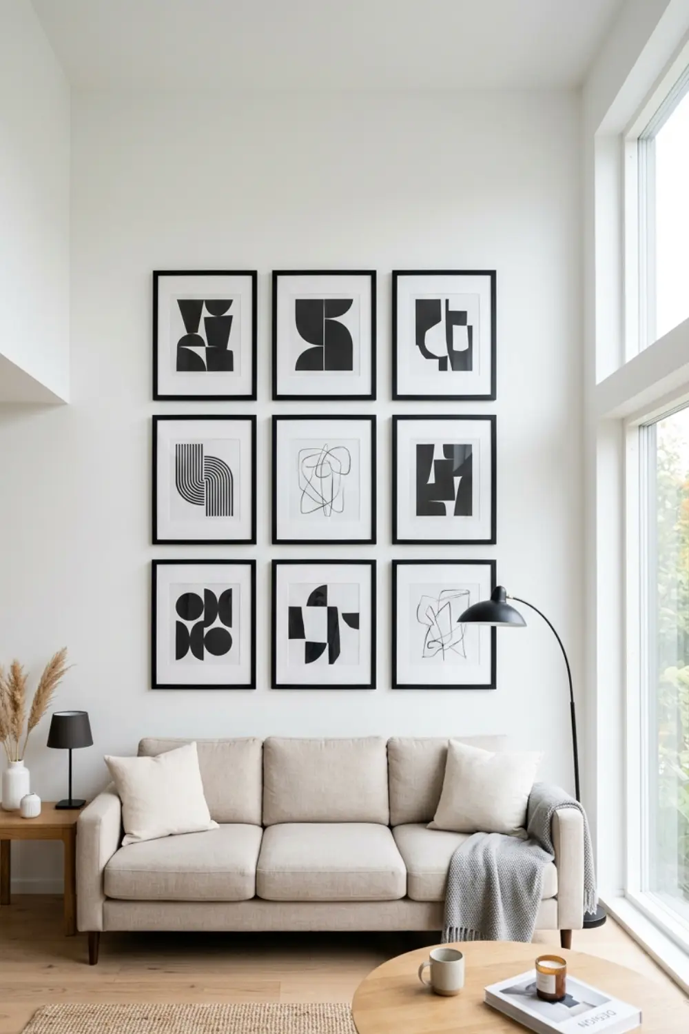 Symmetrical Gallery Wall Grid Ideas for Modern Living Room Decor