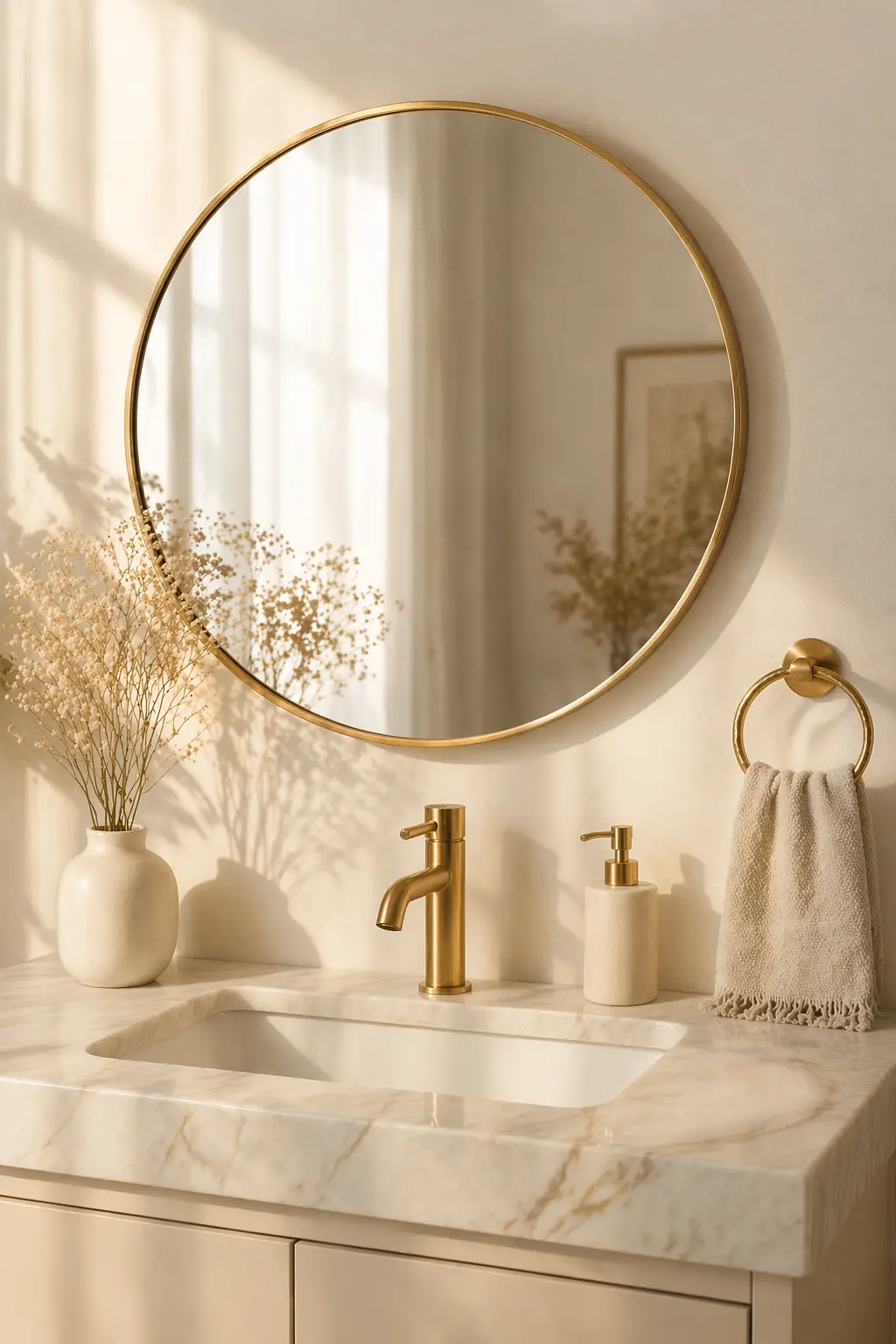 Gold-Rimmed Round Mirror: Warmth Meets Geometry