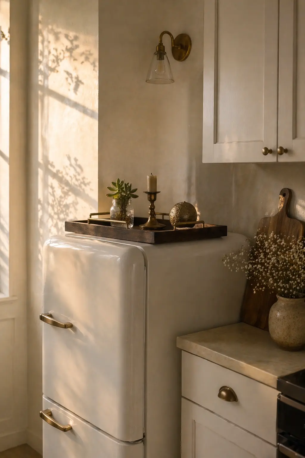 Dark Walnut Wooden Tray with Gold Handles – Perfect for Fridge Top Styling