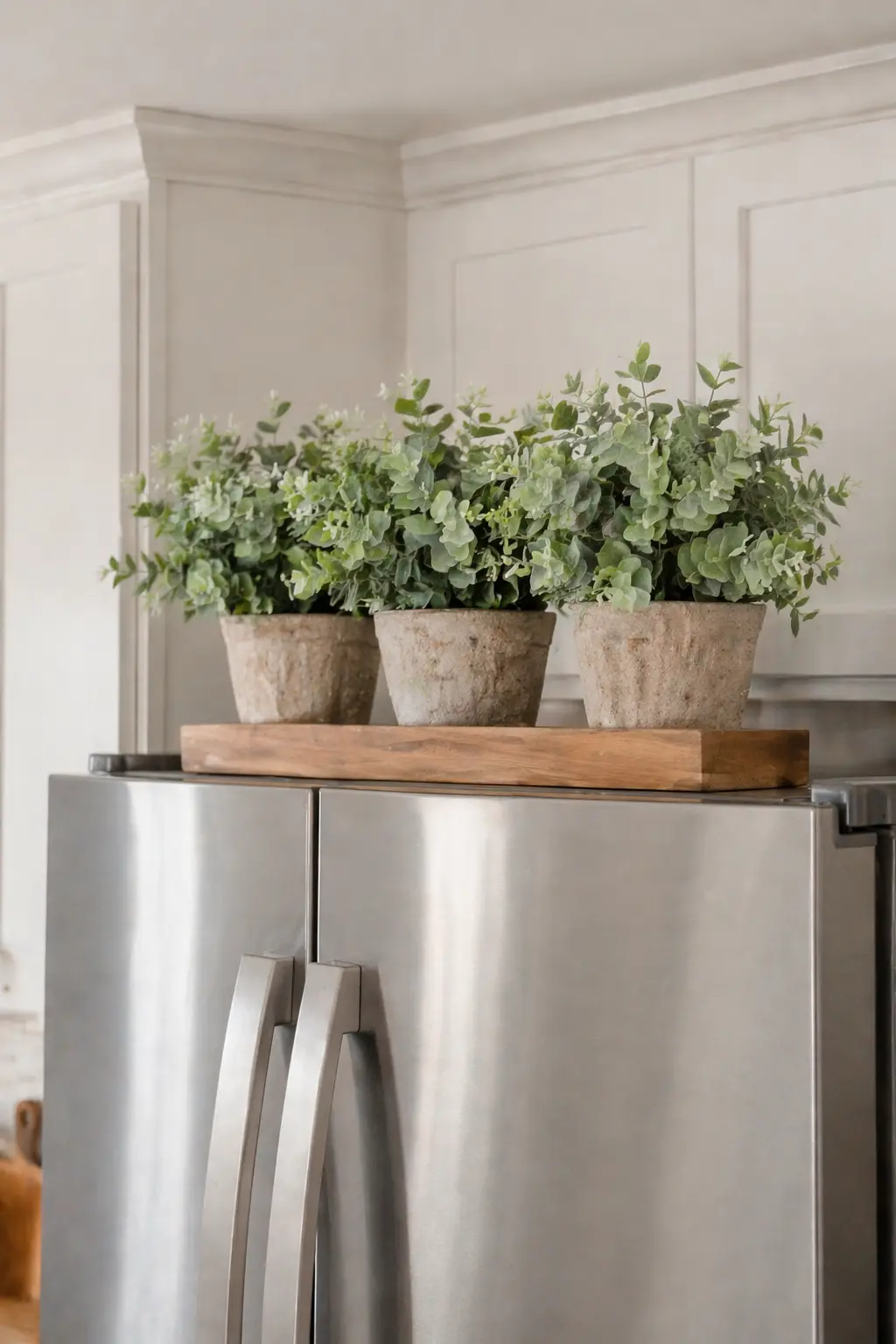 Mini Potted Eucalyptus Set with Wood Tray – Farmhouse Fridge Top Decor