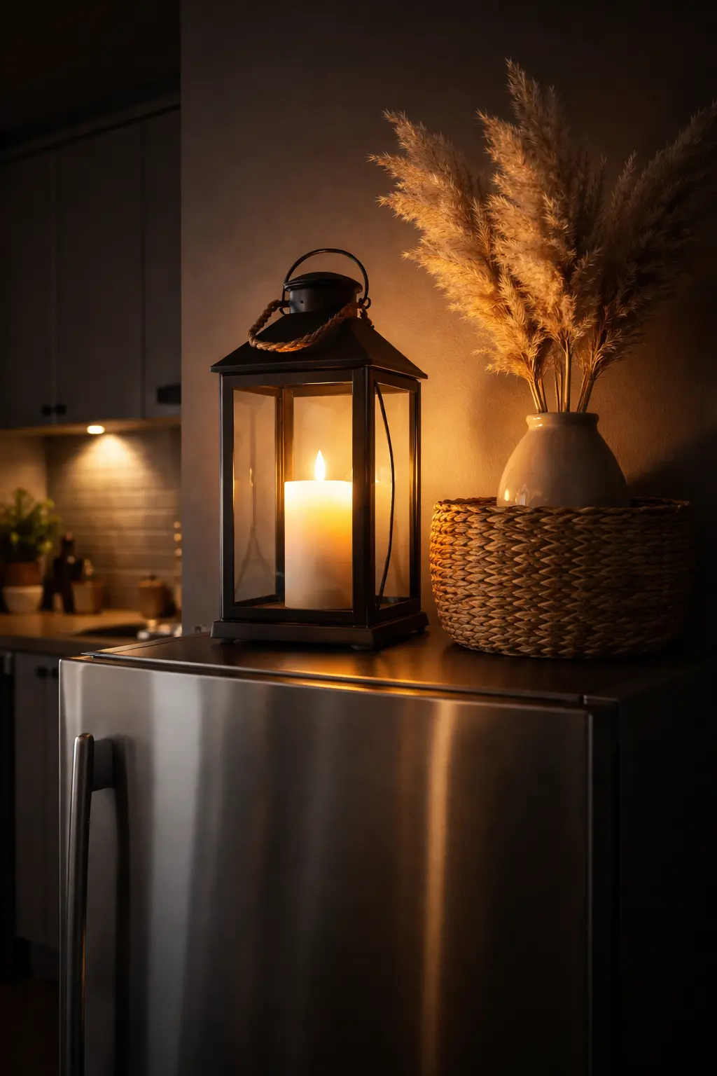 Black Metal Farmhouse Lantern – Statement Decor for Fridge Top