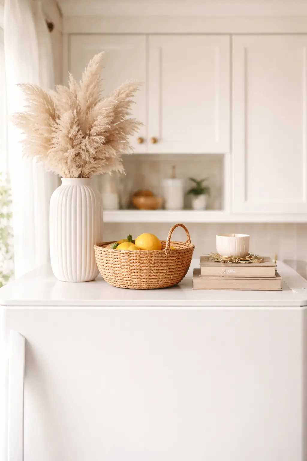 White Ribbed Ceramic Vase + Woven Basket – Scandi Minimalist Fridge Top