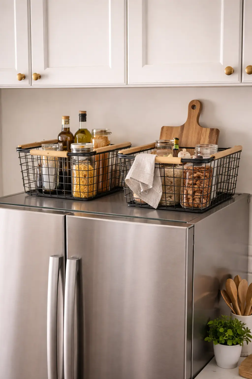 Black Wire Storage Baskets with Wood Handles – Industrial Fridge Top Decor
