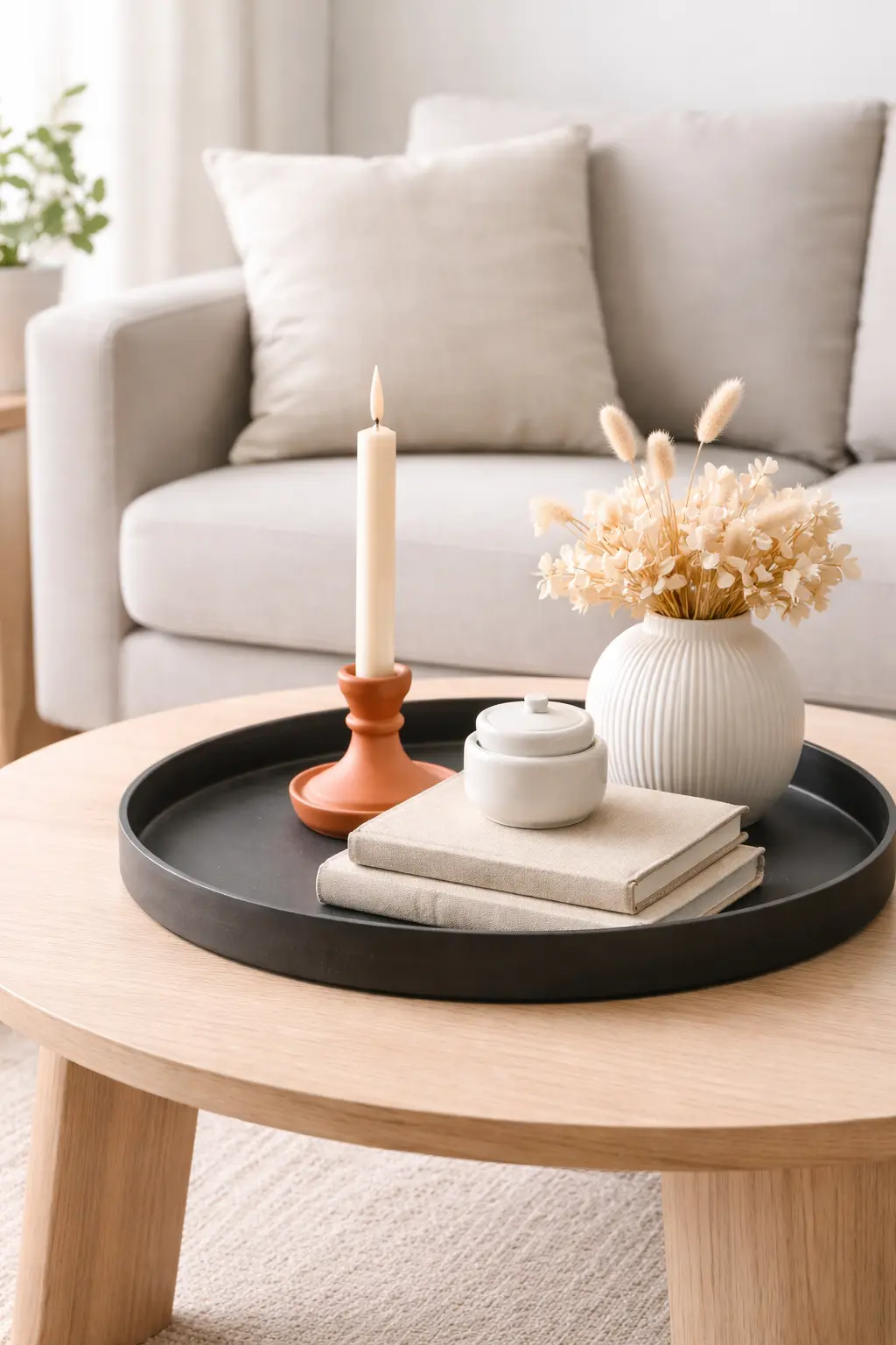 Neutral Coffee Table Decor with One Bold Accent Color
