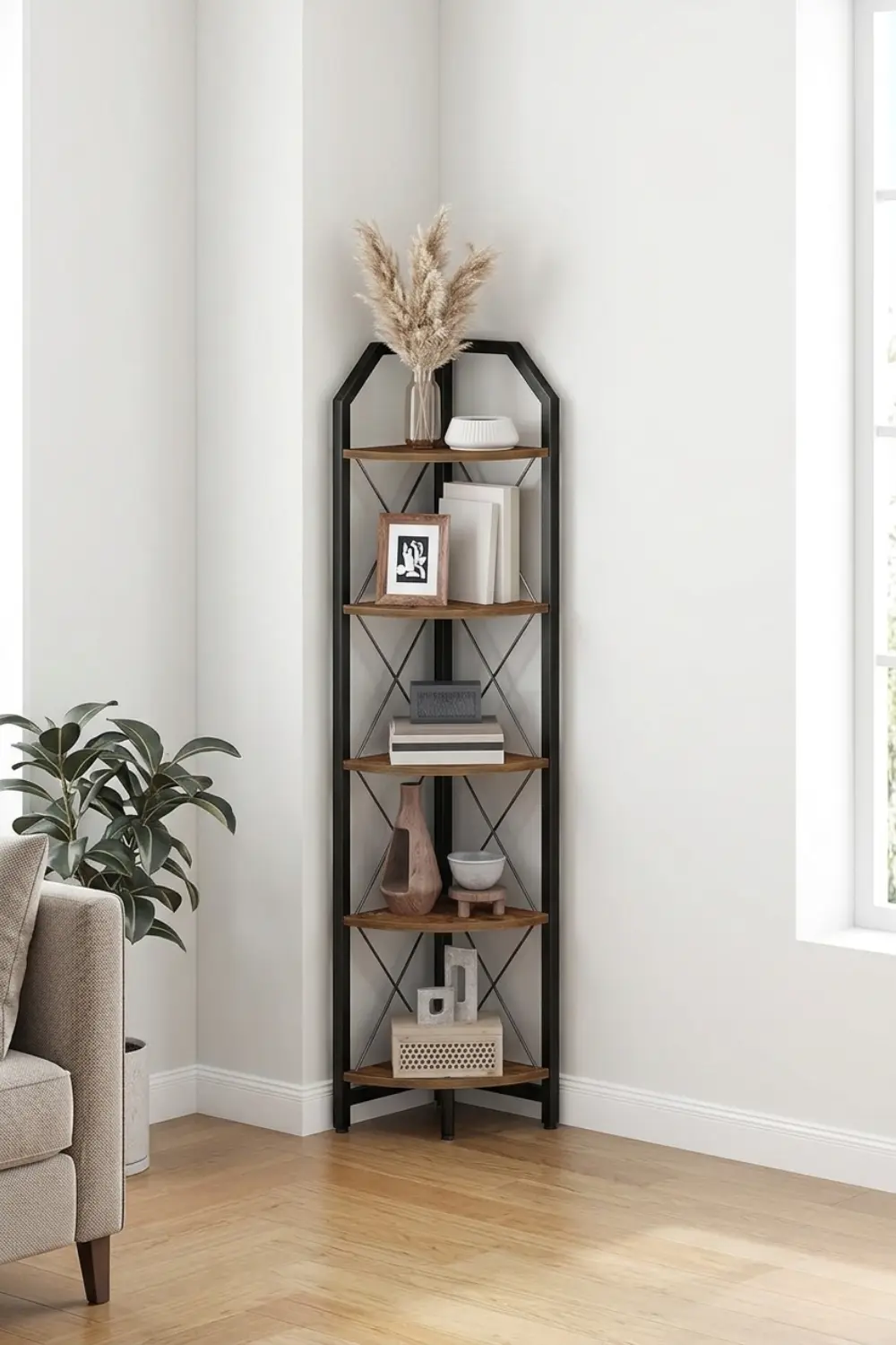 Tall Corner Ladder Shelf Styling for Modern Minimalist Spaces