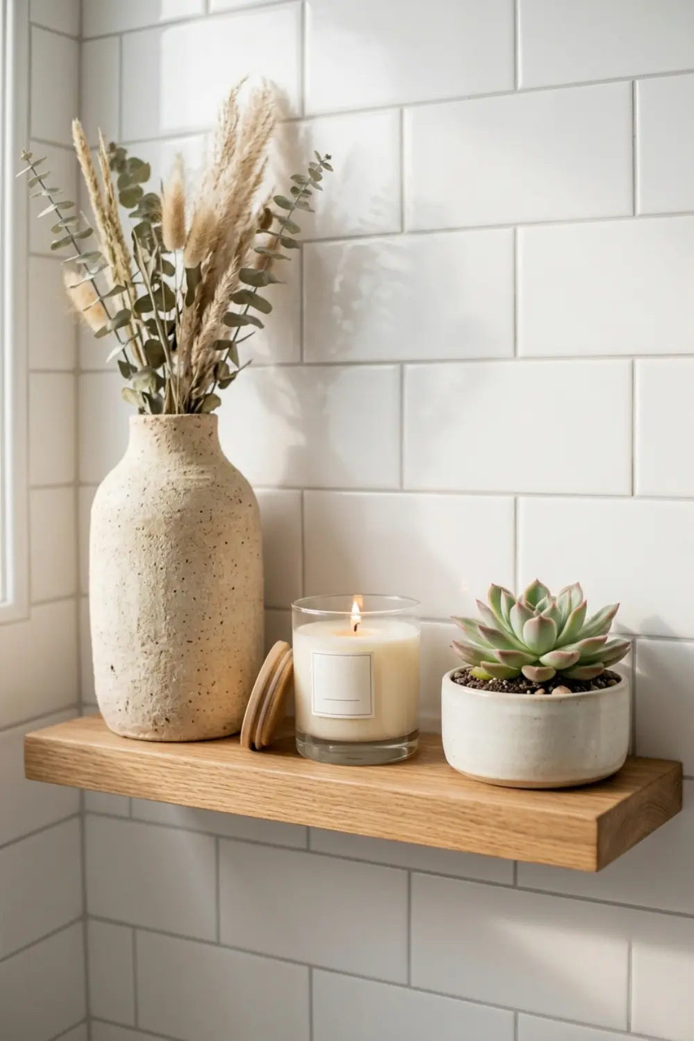 Layer Different Heights for Dynamic Bathroom Shelf Decor