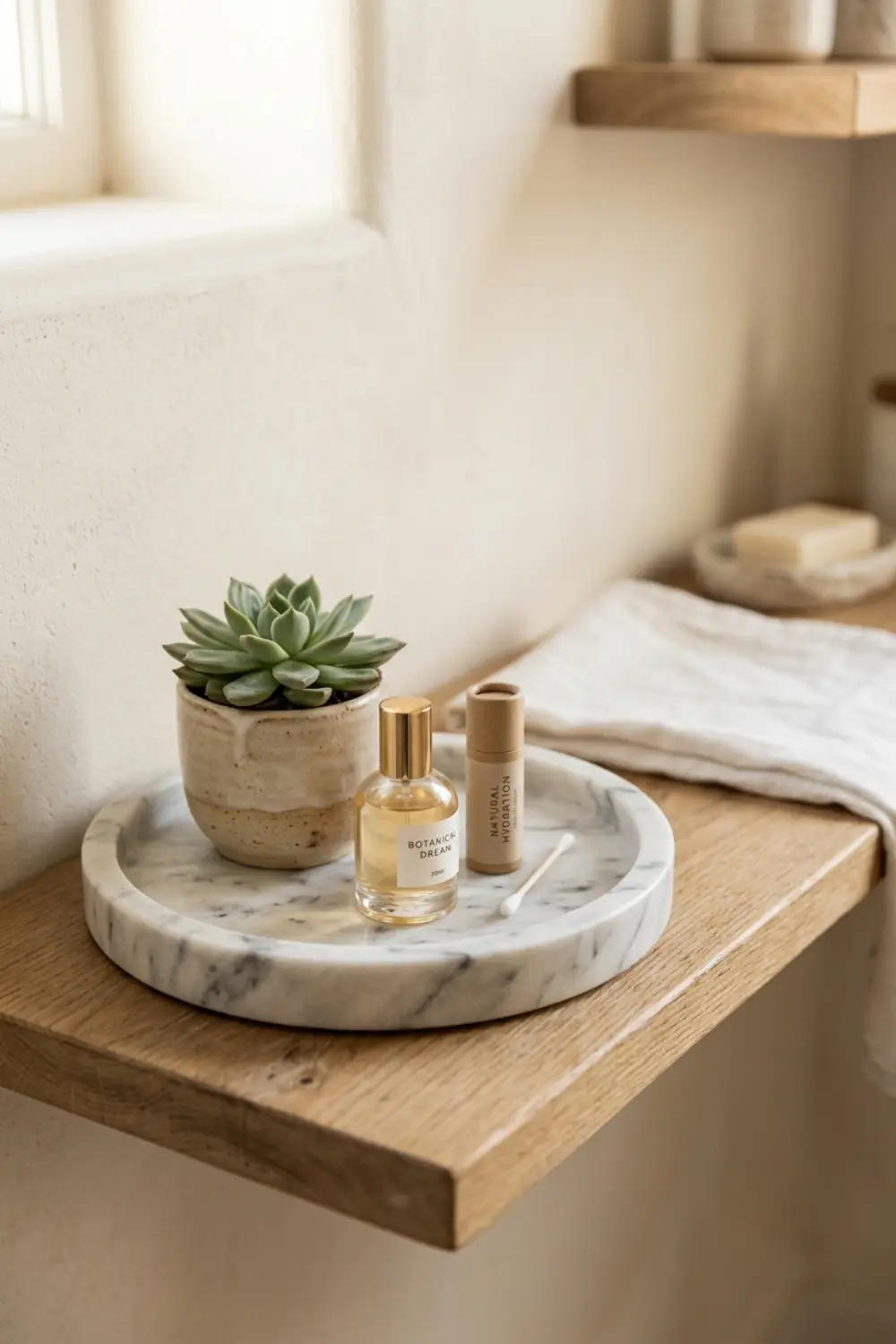 Use a Tray to Group Bathroom Shelf Items Like a Pro