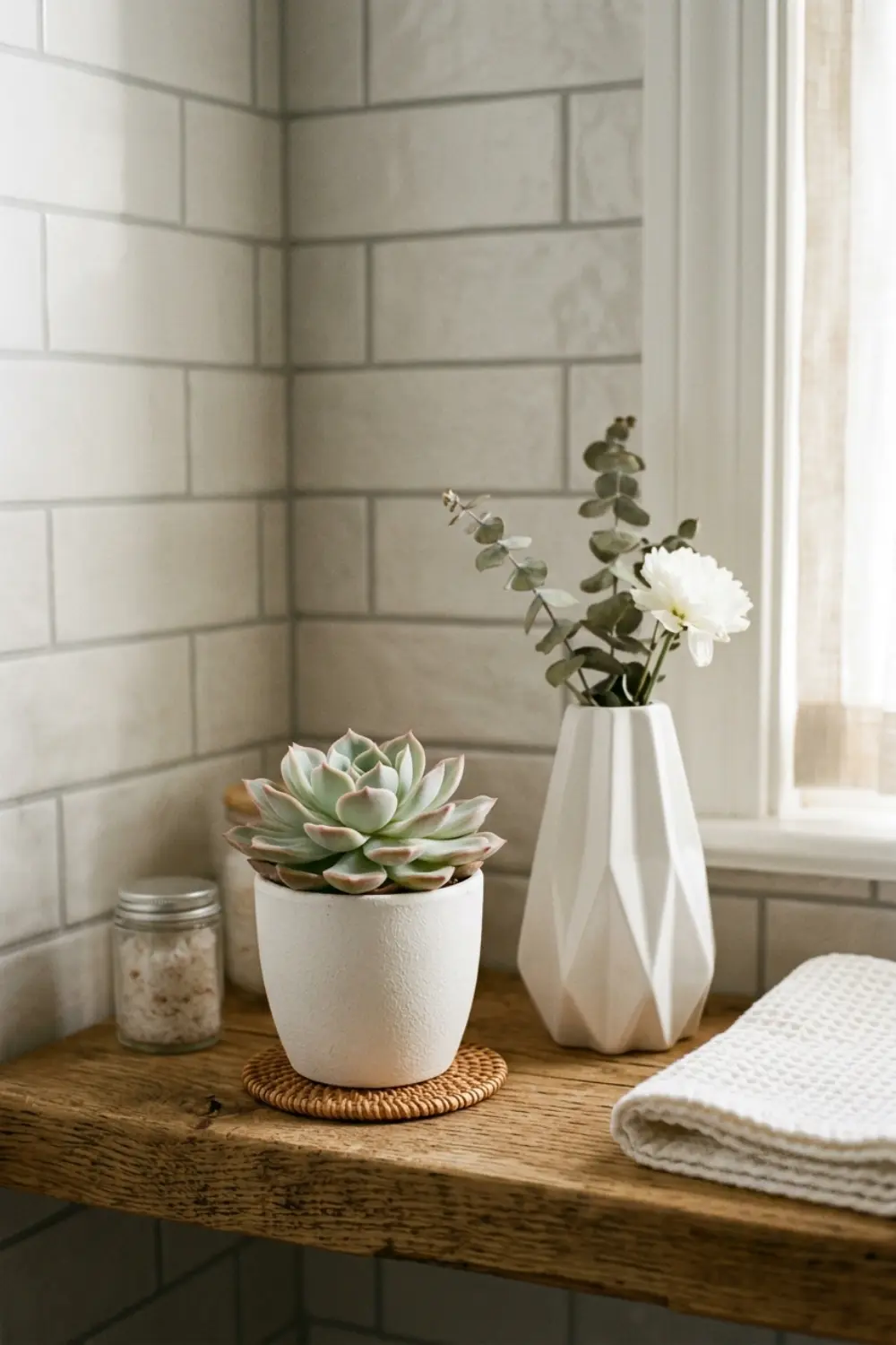 Add a Living Plant for Instant Warmth on Your Bathroom Shelf