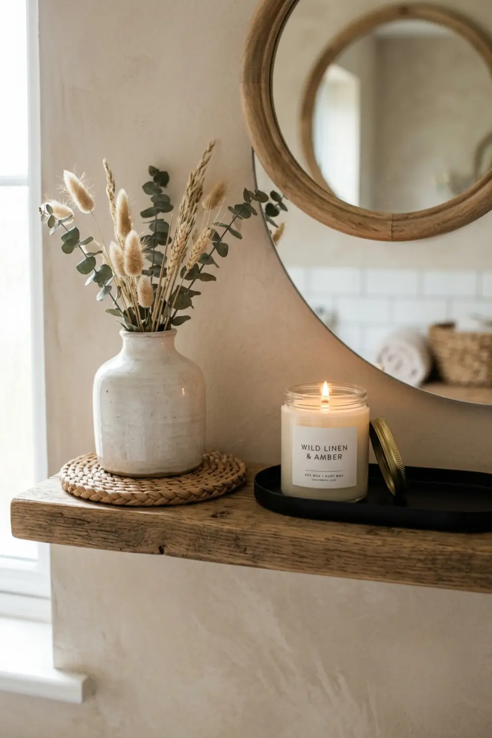 Balance Organic and Hard Textures for Elevated Bathroom Shelf Decor