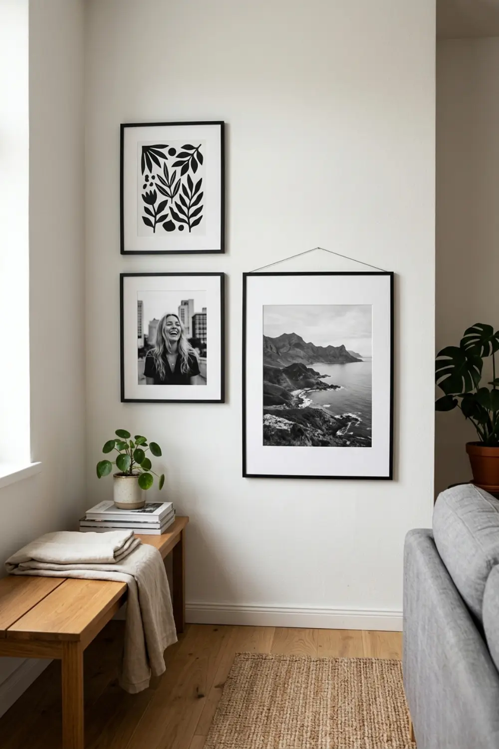 Asymmetrical Corner Gallery Wall Ideas for Modern Living Rooms