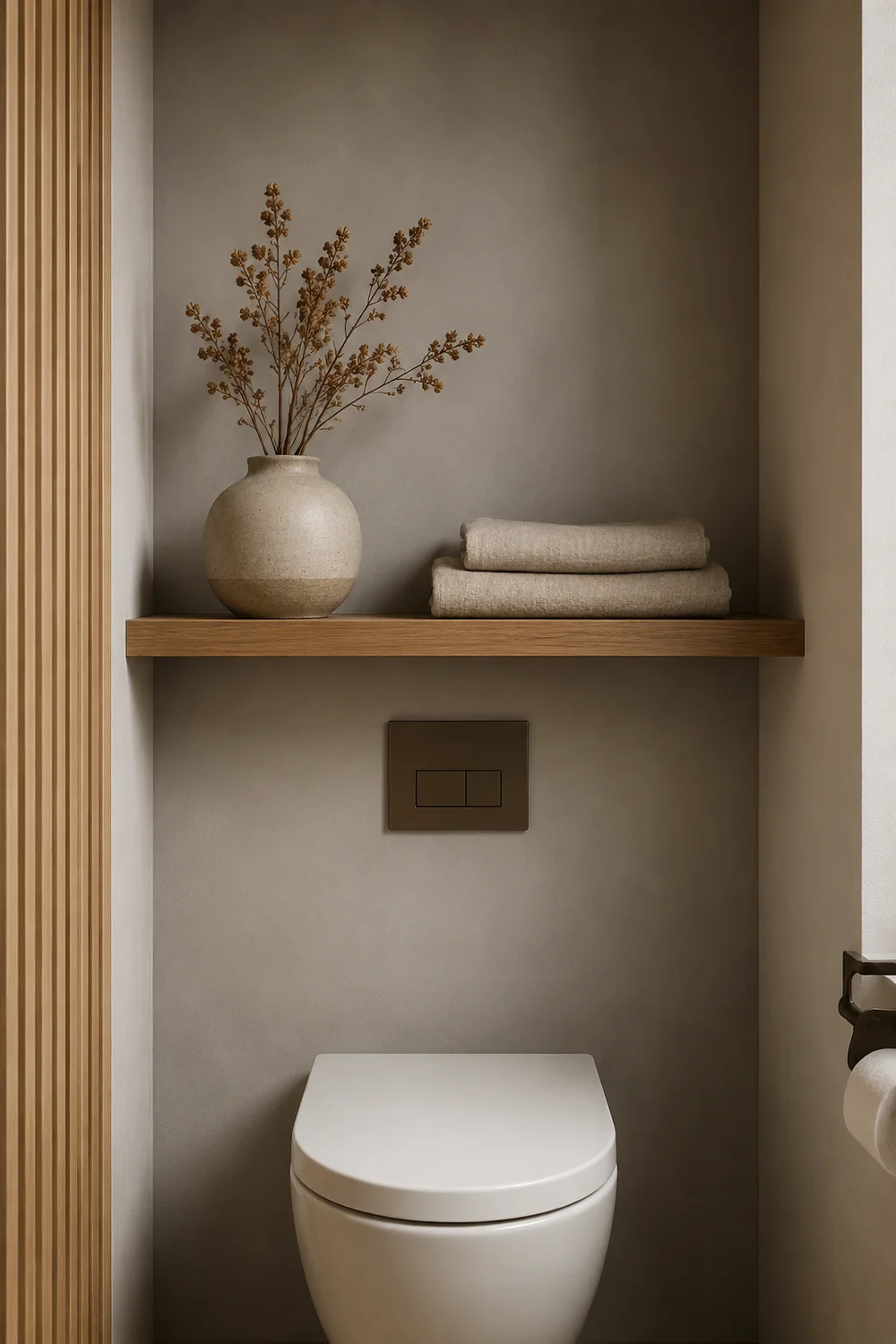 Japandi above toilet decor: floating wood shelf with ceramic pot, dried stems, and folded organic linen