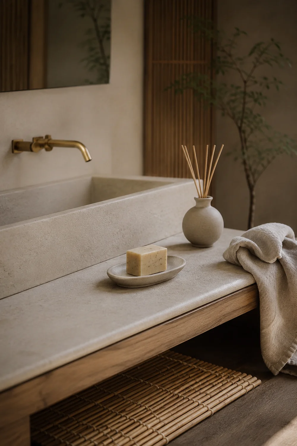 Japandi bathroom accessories: handmade ceramic soap dish, bamboo bath mat, linen towel, minimalist diffuser