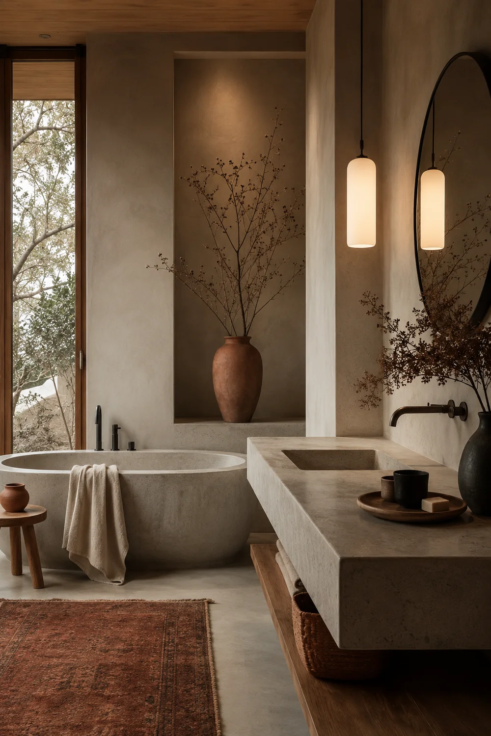 Japandi bathroom color palette: warm greige walls, terracotta accents, soft linen and raw concrete