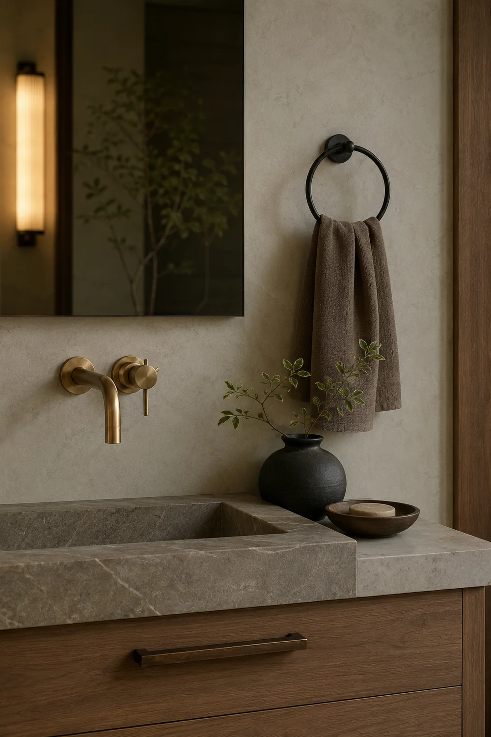 Japandi bathroom hardware: brushed brass wall-mount faucet, matte black towel ring, aged bronze cabinet pull