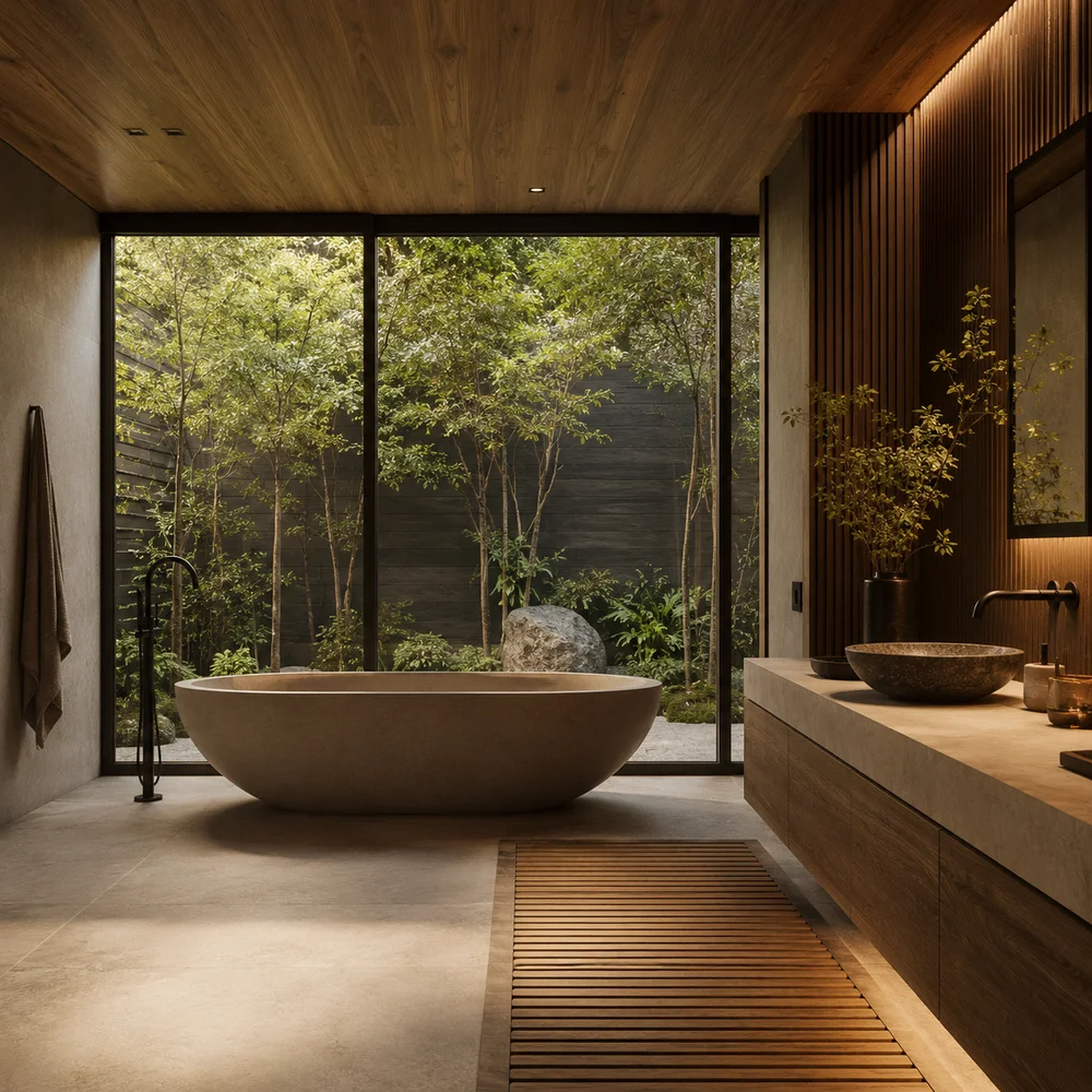 Japandi bathroom with warm wood tones, stone sink, and soft natural light