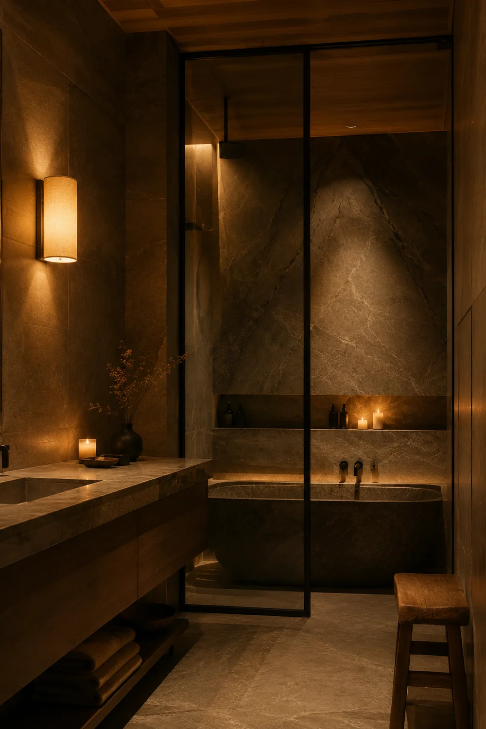Japandi bathroom lighting: warm amber wall sconce, candlelight reflection on stone, soft indirect glow