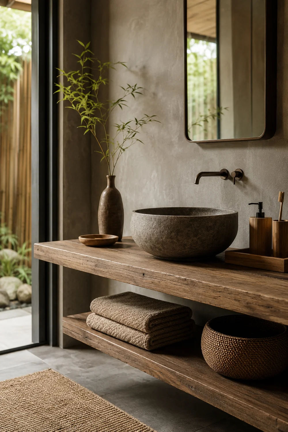 Japandi bathroom natural materials: teak wood shelf, stone basin, textured linen towel, bamboo accessories