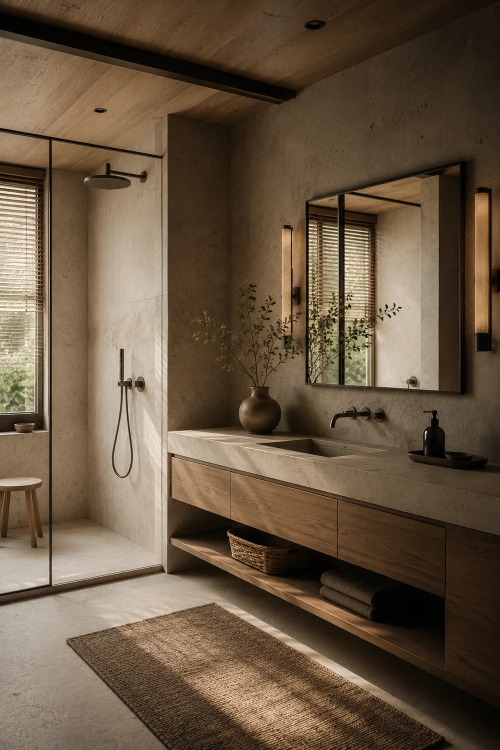 Japandi bathroom philosophy: warm stone, muted tones, and natural wood textures