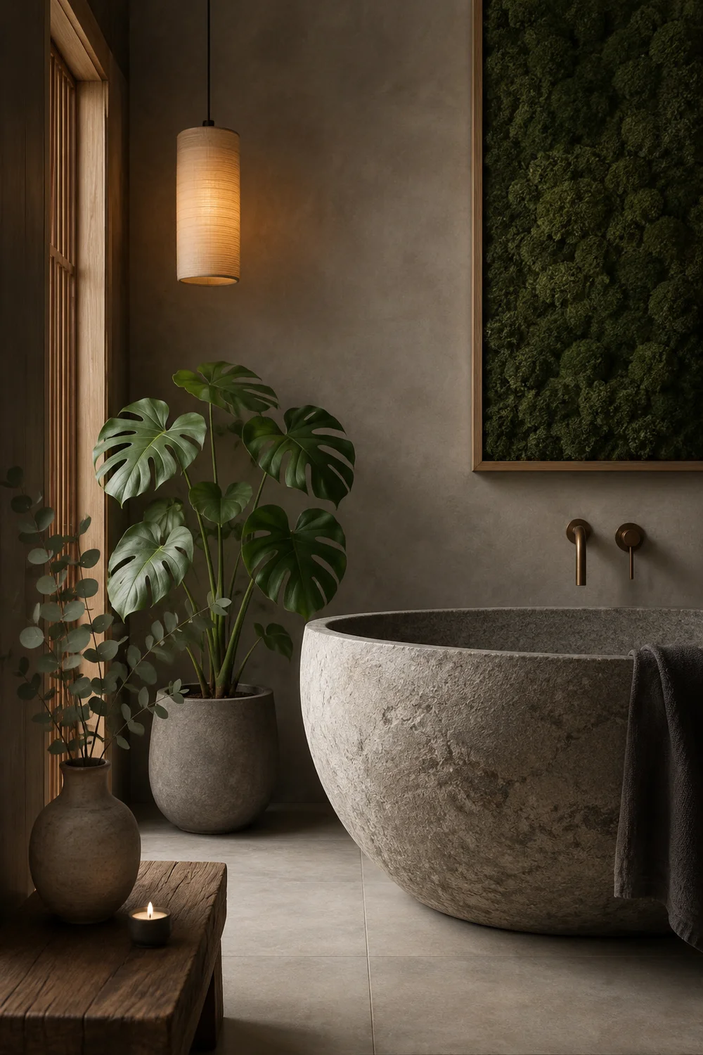 Japandi bathroom with eucalyptus branch in ceramic vase, moss wall art, single potted monstera beside stone bath