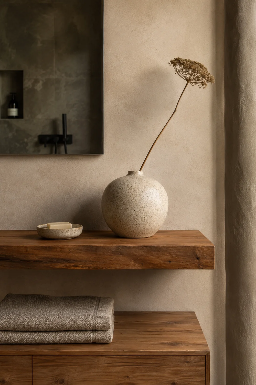 Japandi bathroom shelving: floating teak shelf with ceramic vessel, single dried stem, clean surfaces