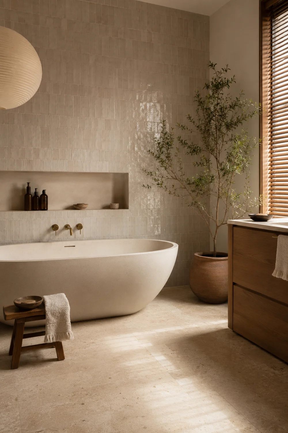 Japandi bathroom tiles: handmade zellige wall tiles with soft sheen, honed travertine floor, warm grout lines