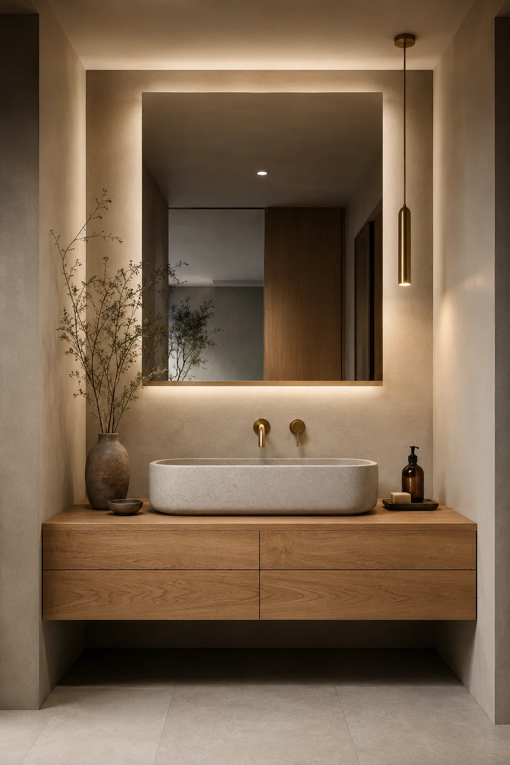 Japandi bathroom vanity: floating oak cabinet with matte stone basin, brushed brass tap, minimal countertop