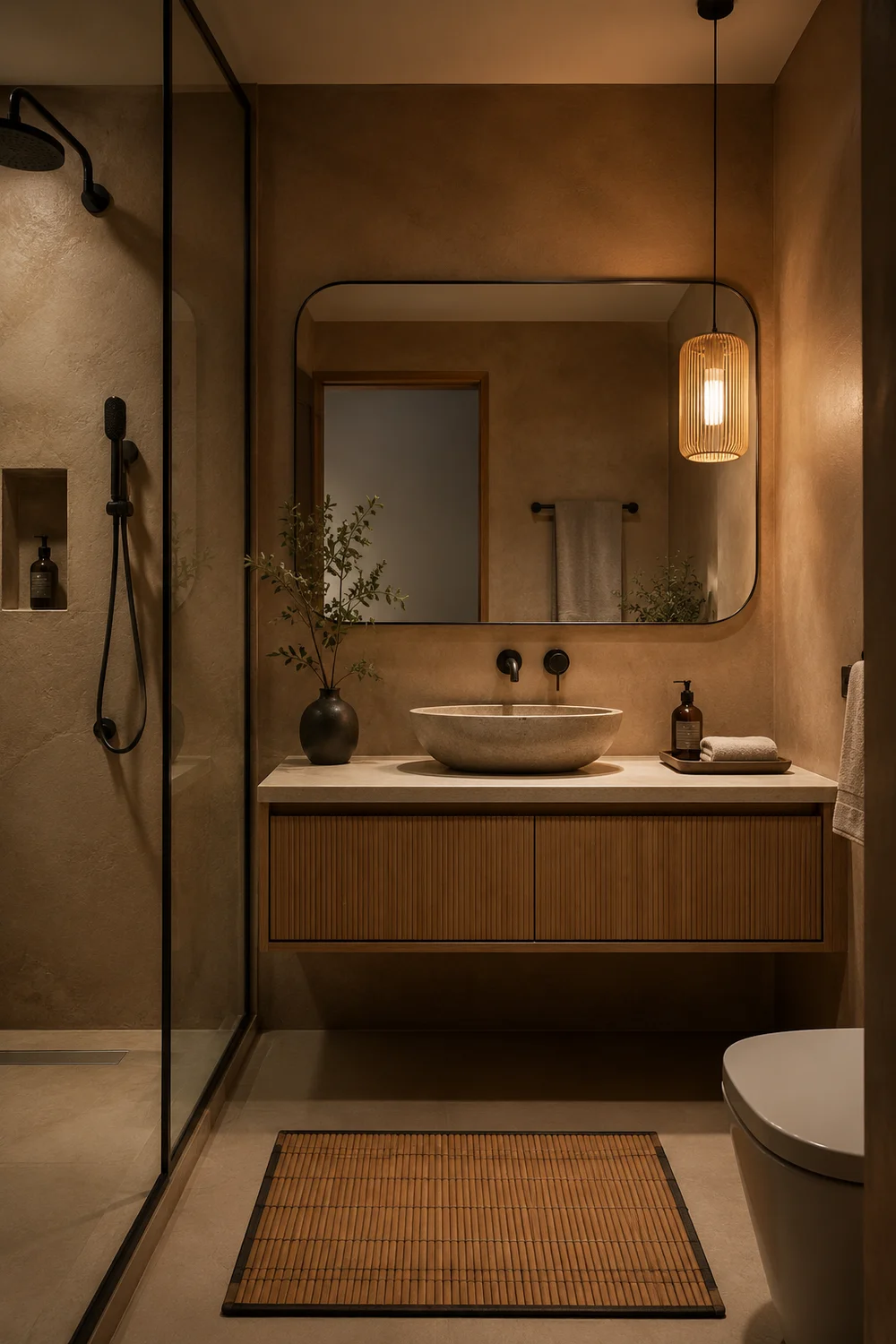 Small Japandi bathroom with floating vanity, warm wall tones, large mirror, bamboo mat and single pendant