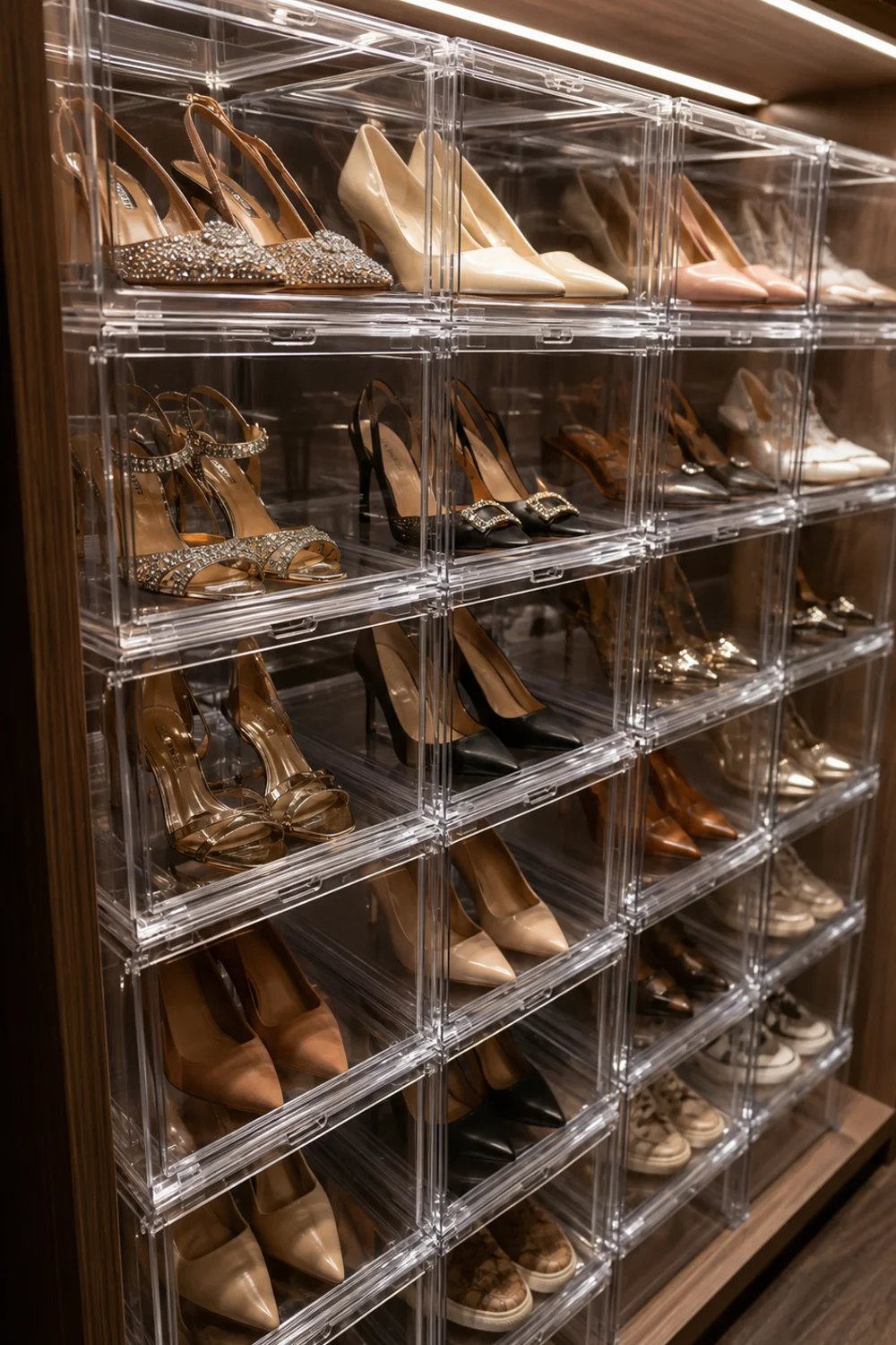 Stackable clear acrylic shoe boxes displaying shoes on a closet shelf