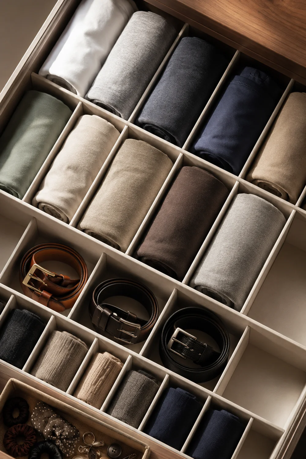 Adjustable drawer dividers organizing rolled t-shirts and folded belts