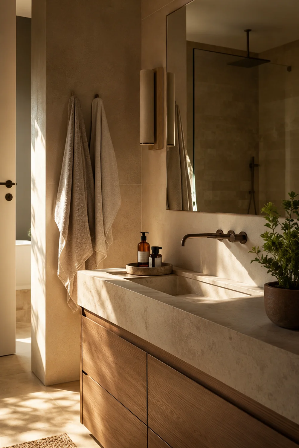 Well-maintained small bathroom with tidy counter and morning light