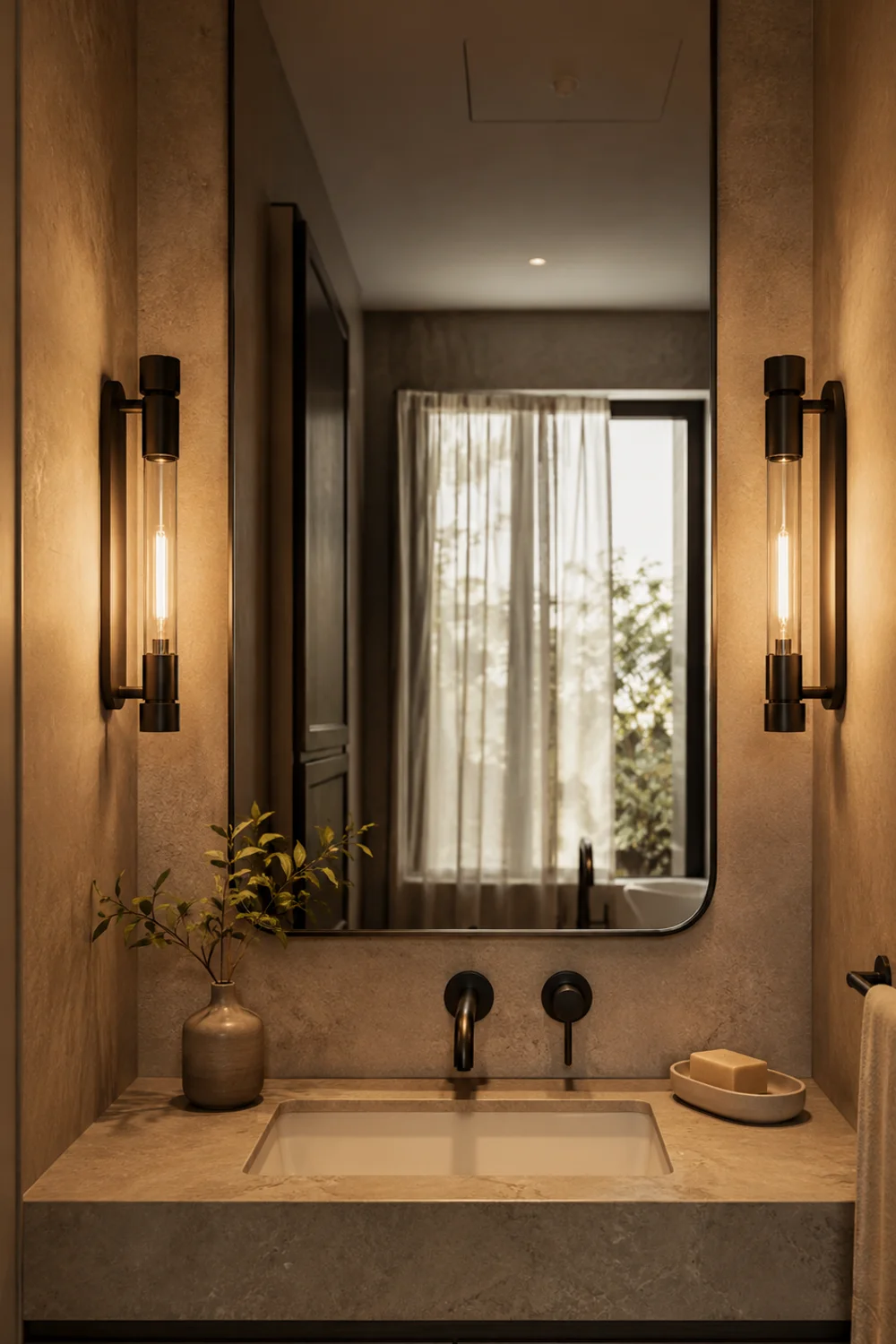 Bathroom vanity with warm wall sconces and large mirror elegant lighting