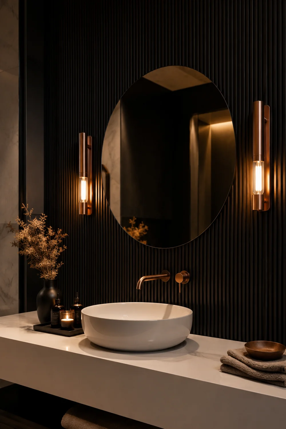 Black vertical shiplap accent wall with round mirror and brass sconces in bathroom