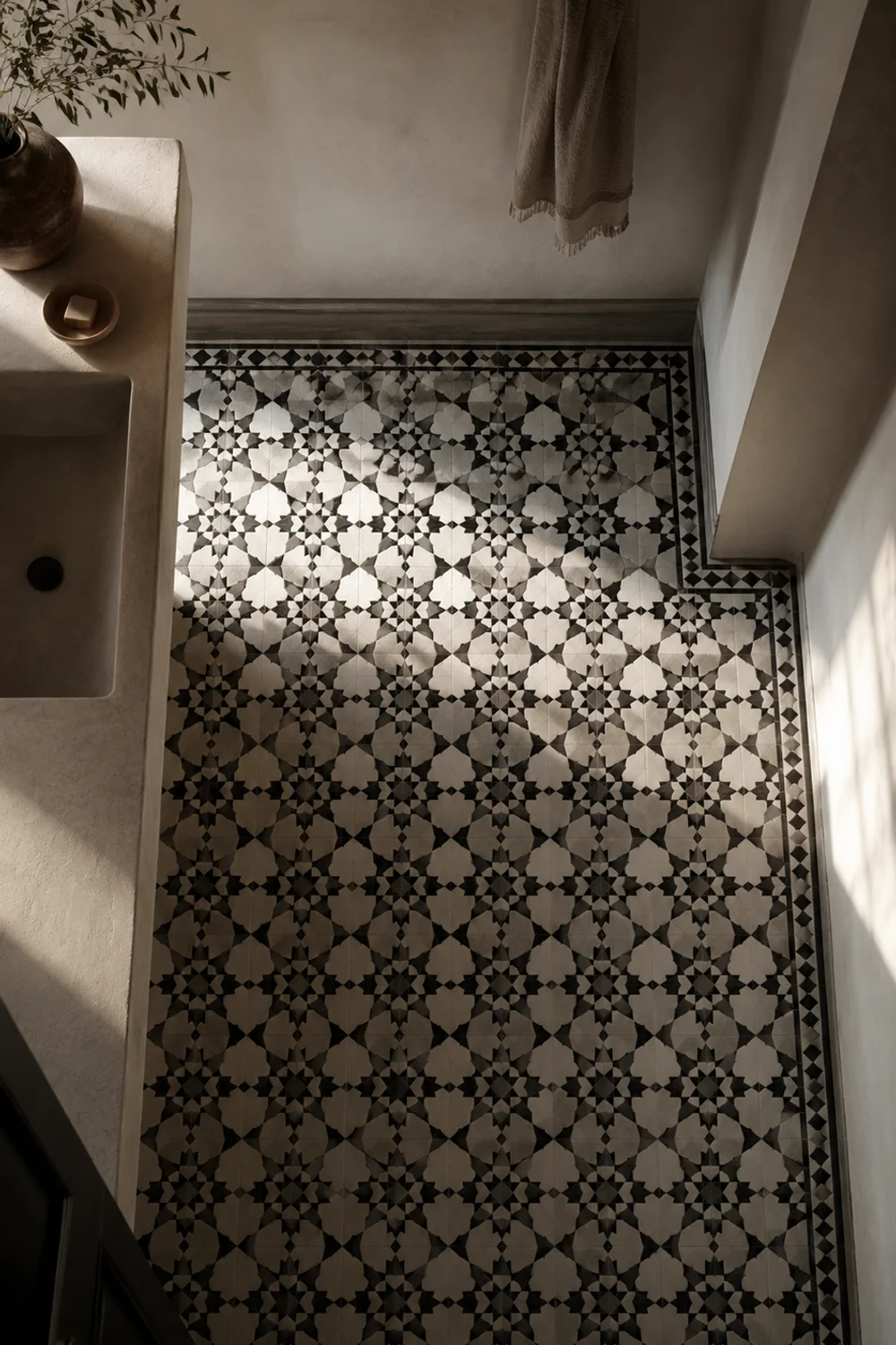Black and white geometric cement floor tile in a minimalist bathroom
