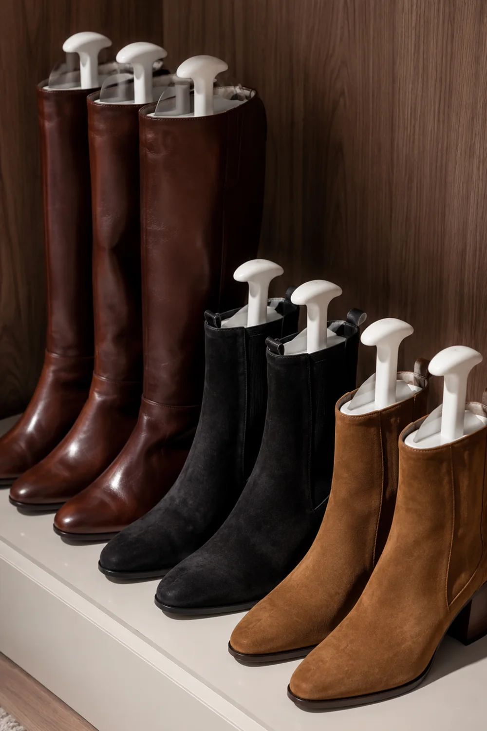 Tall boots standing upright with boot shapers inserted, stored on a low shelf in a wardrobe