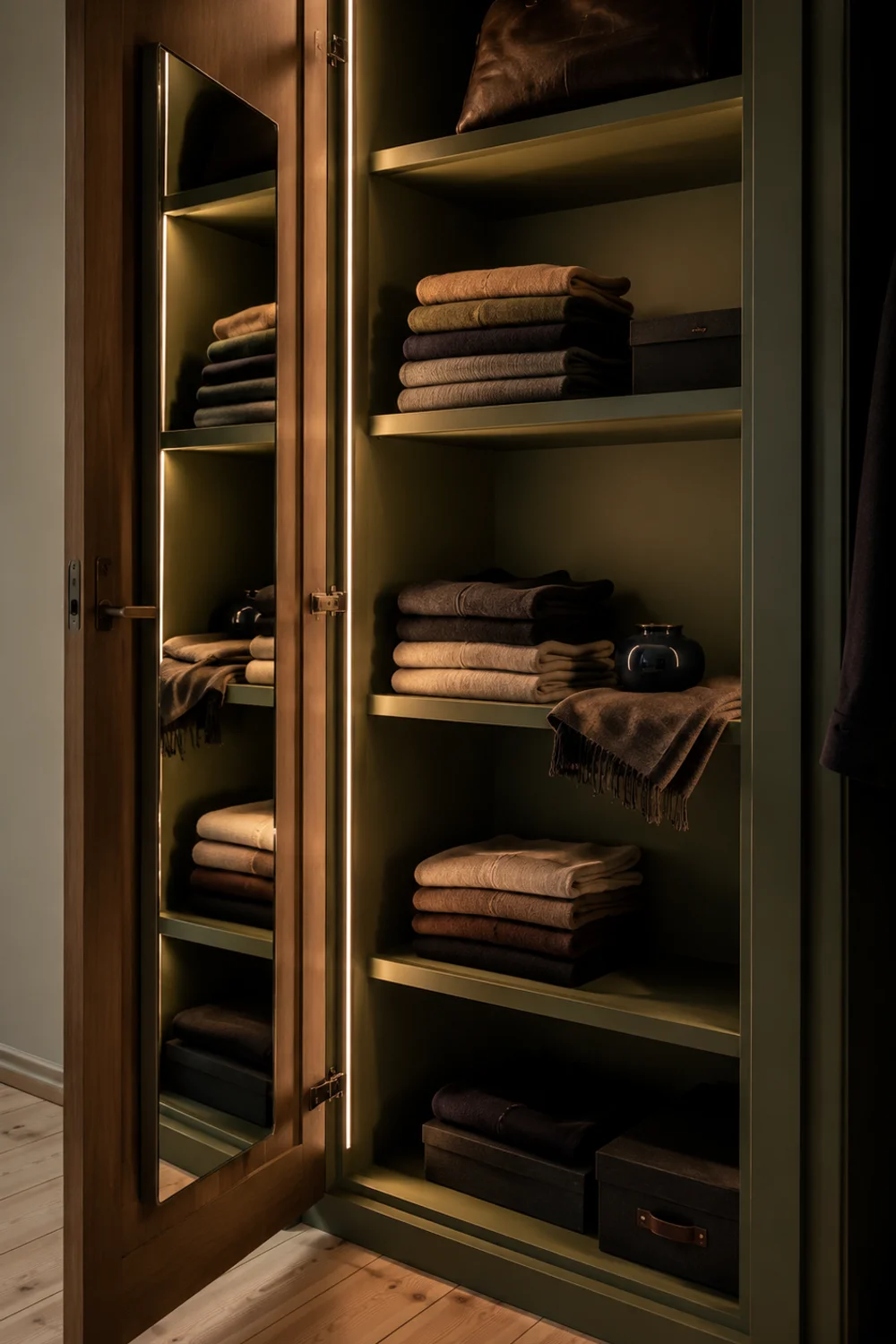 Small boutique-style closet interior with warm LED lighting, sage green painted walls, and frameless interior mirror