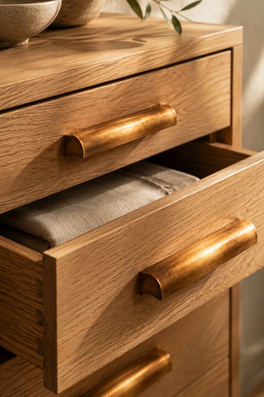 Brushed brass drawer pulls on pale oak closet cabinet with slightly open linen drawer