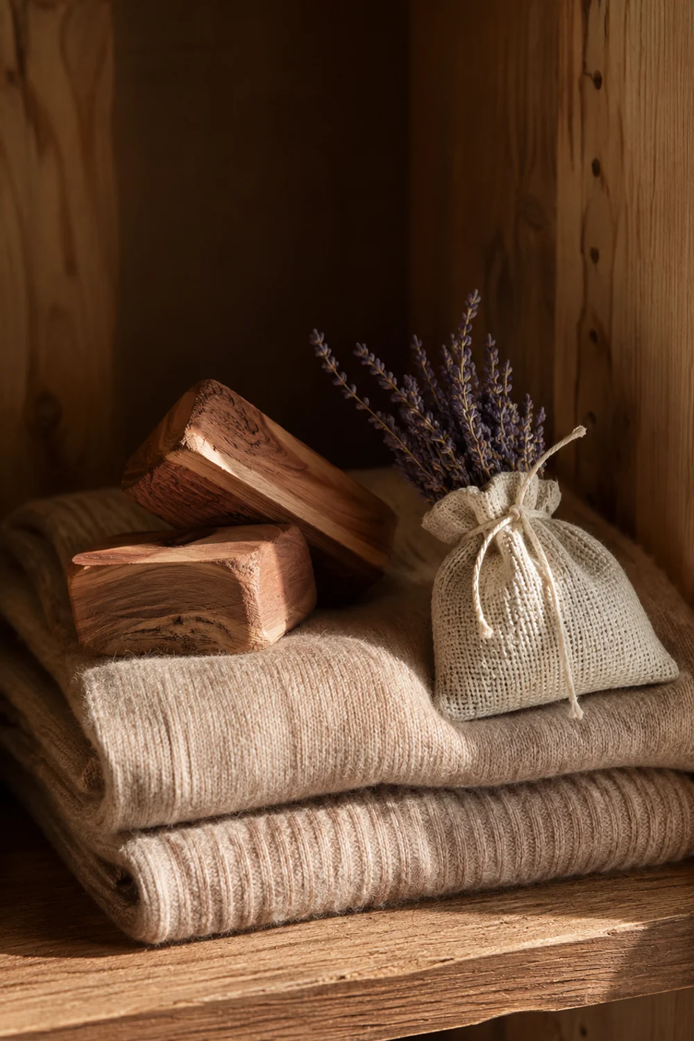 Natural cedar blocks and lavender sachets resting on folded wool sweaters