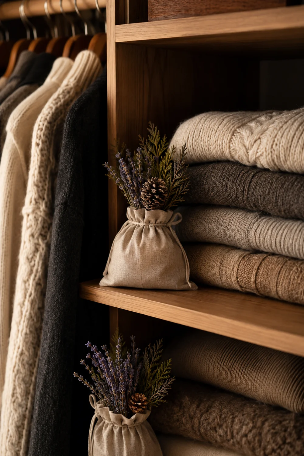 Cedar and lavender sachets placed on organized closet shelf between folded knitwear and hanging clothes in warm light