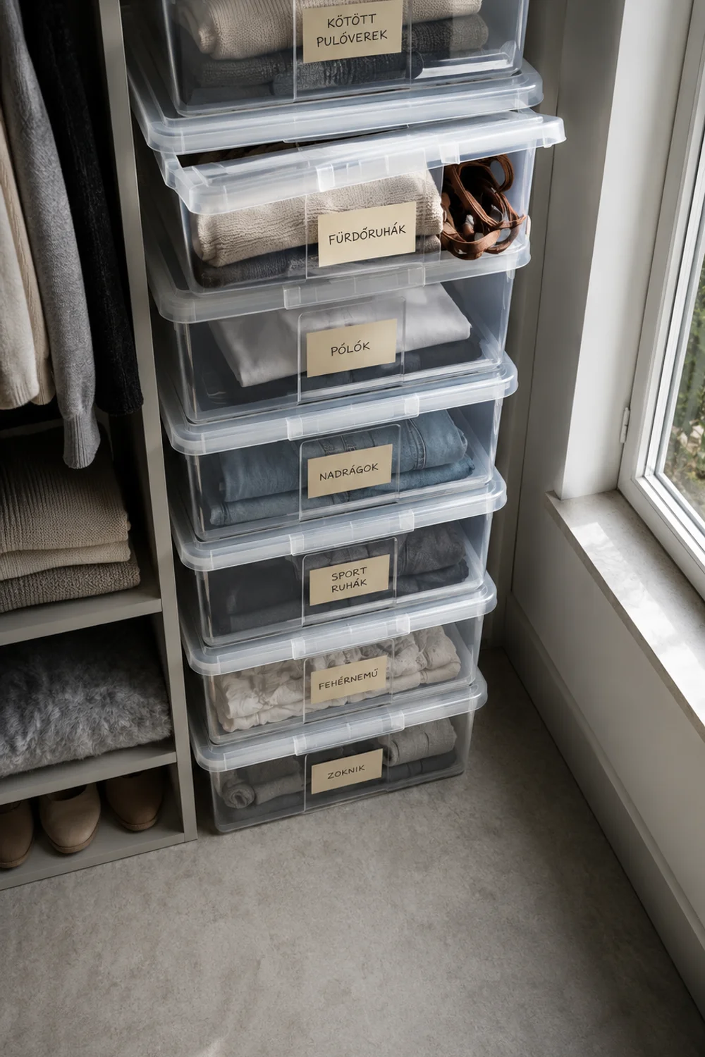 Stacked clear labeled storage bins for off-season clothing rotation