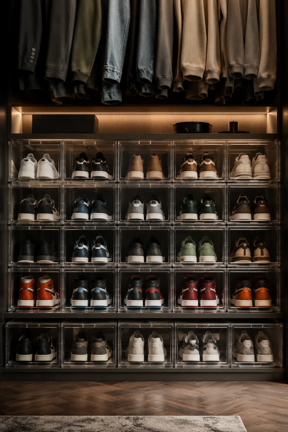 Clear stackable magnetic shoe boxes arranged in a grid on small closet floor and lower shelf