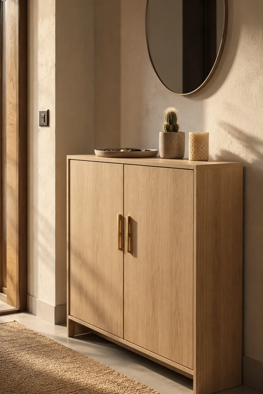 Slim closed-front shoe cabinet with solid wood doors in a minimal styled entryway